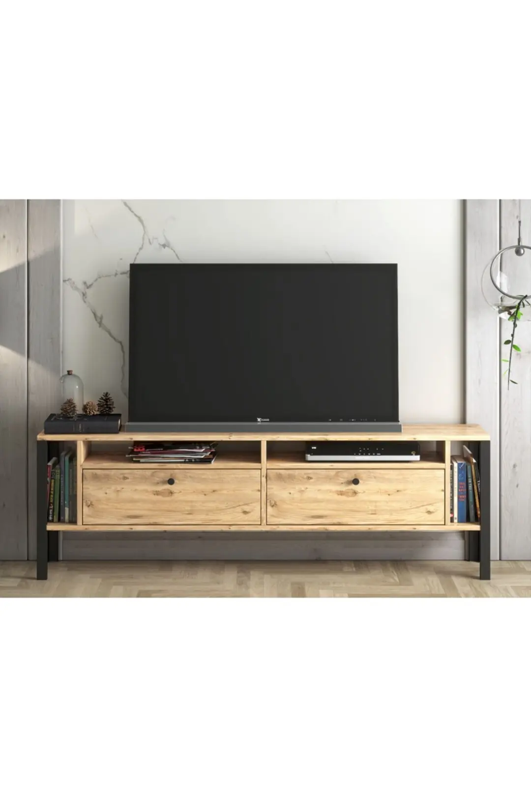 Atlanta 160 Cm Metal Ayaklı Tv Ünitesi - Atlantik Çam / Siyah